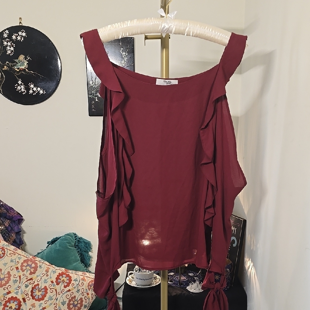Isabel Burgundy Ruffle Cold Shoulder Top
